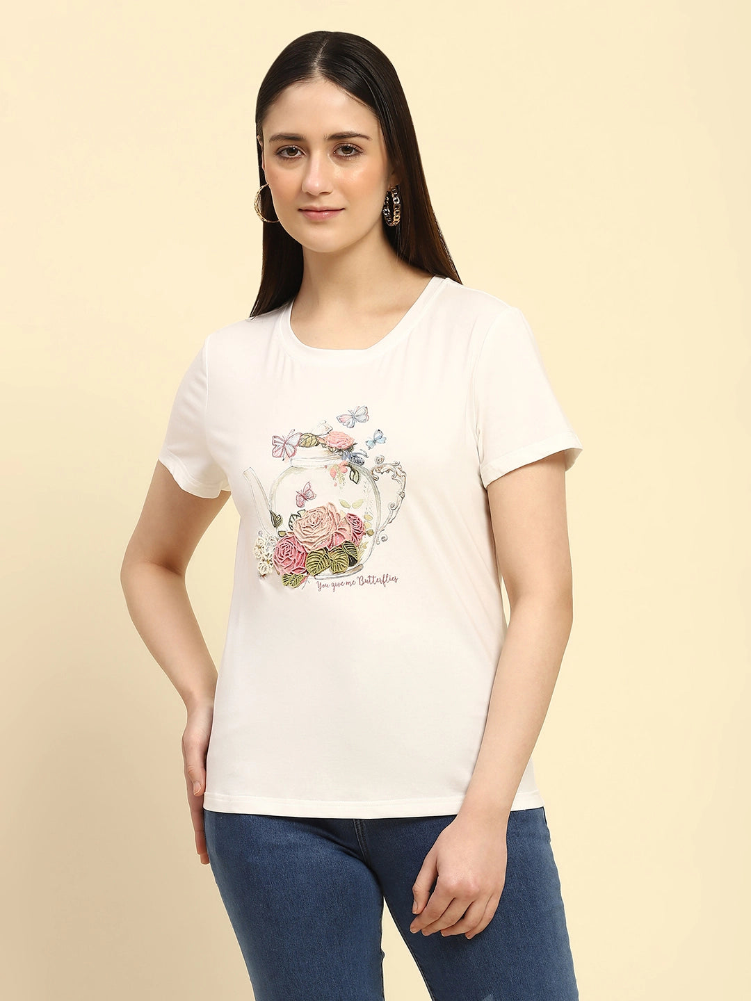 White 3D Embroidered Modal Top - Global Republic