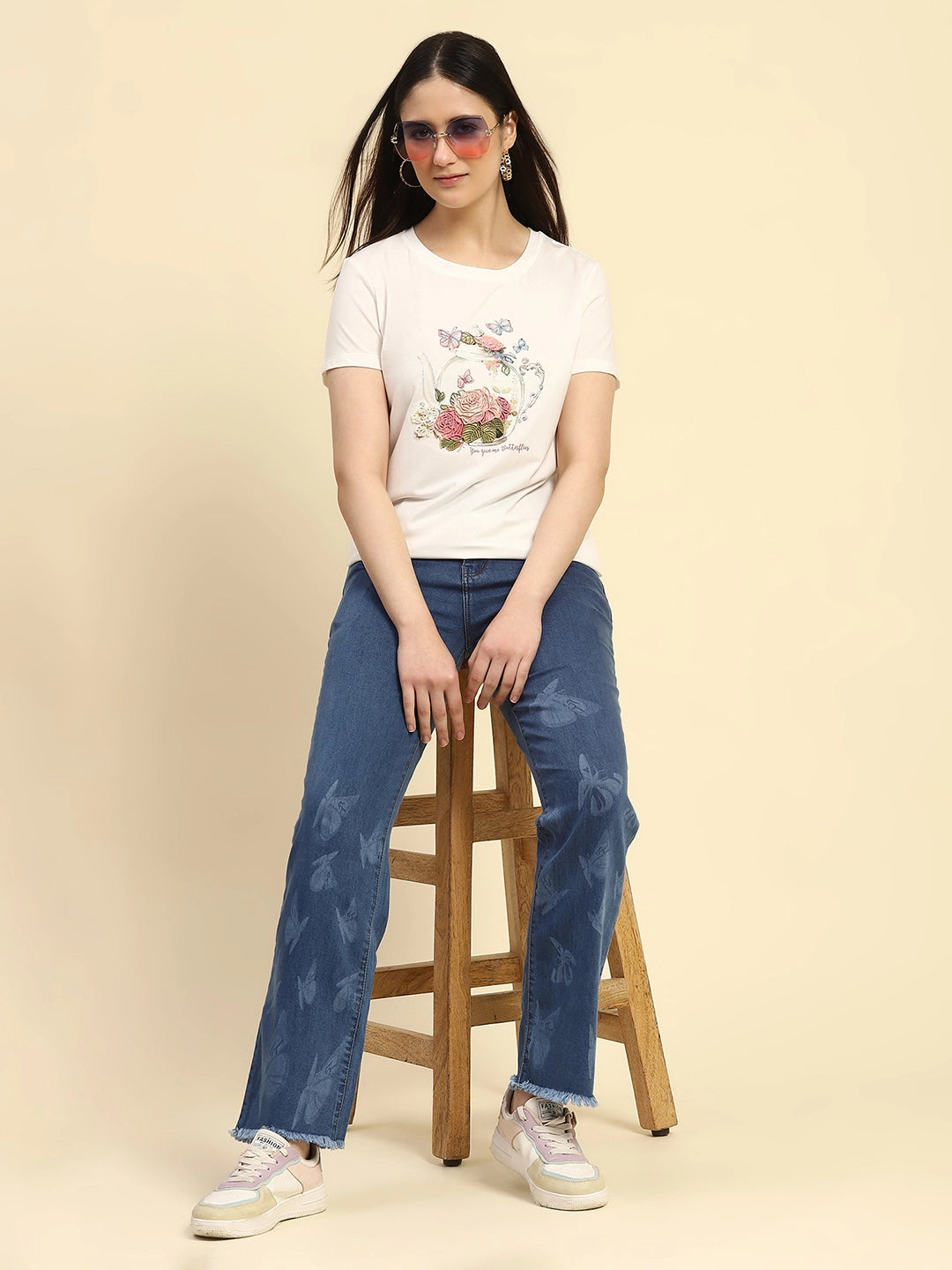 White 3D Embroidered Modal Top - Global Republic