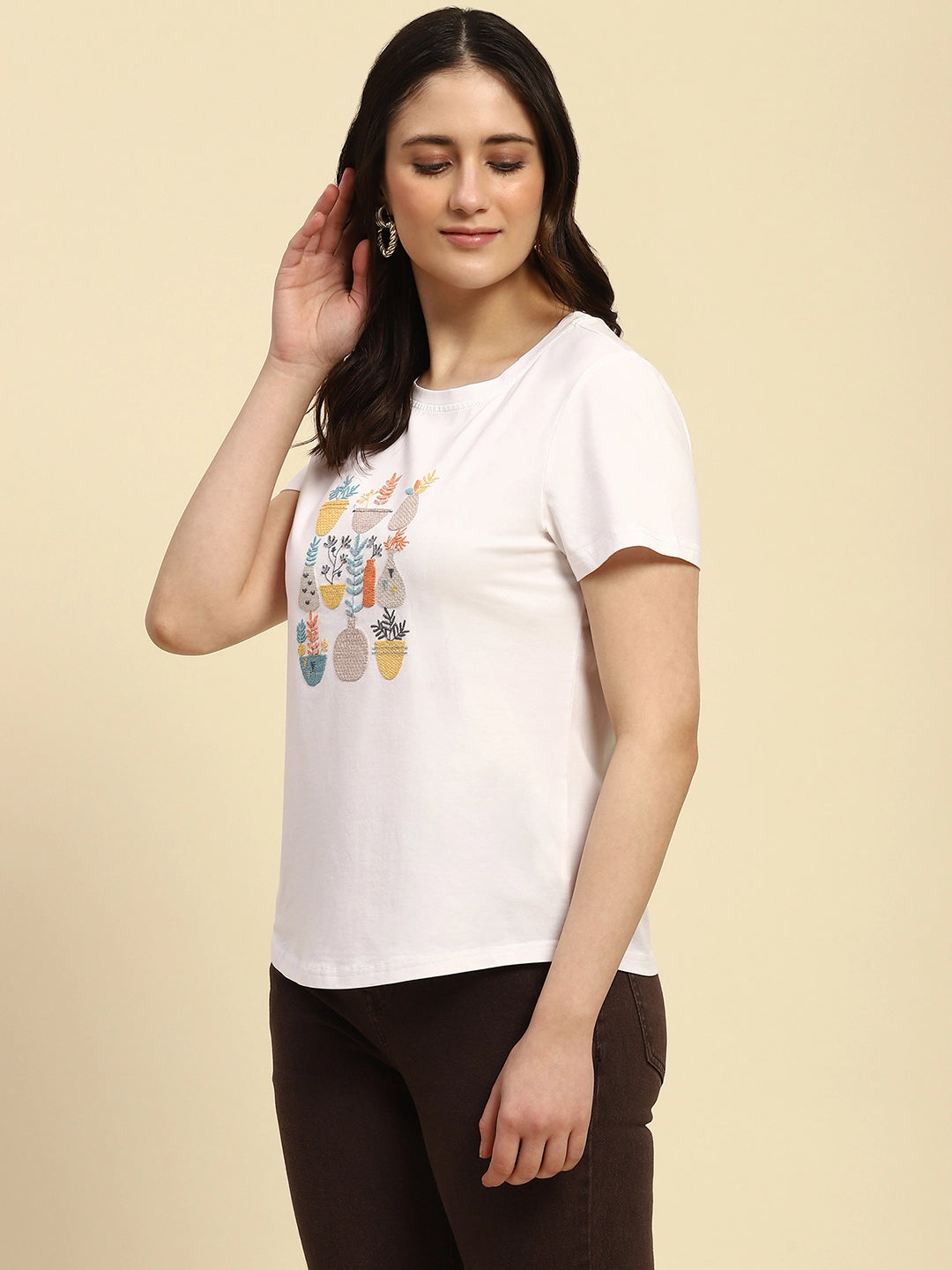 White Embroidered Round Neck Top - Global Republic