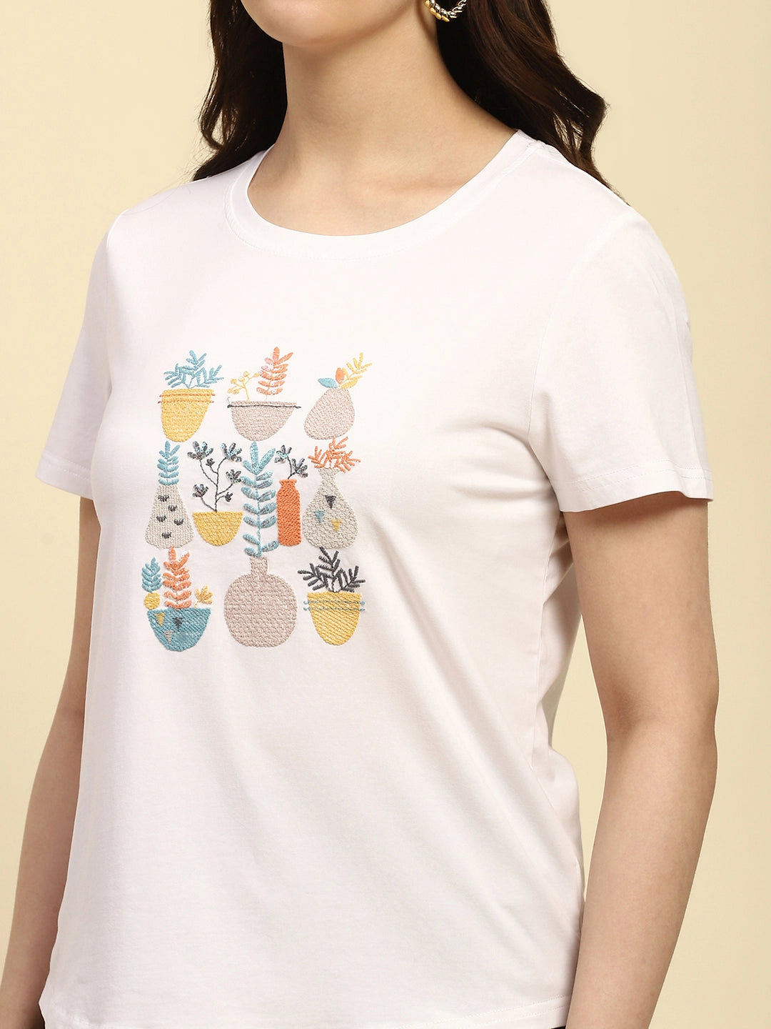 White Embroidered Round Neck Top - Global Republic