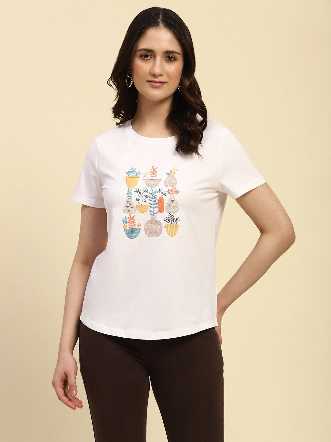 White Embroidered Round Neck Top - Global Republic