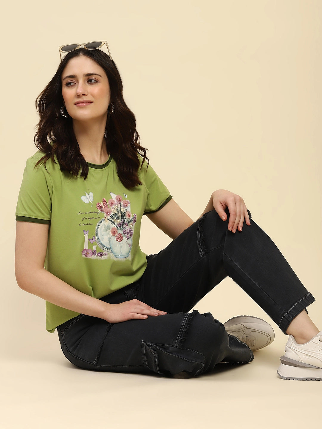 Green Embroidered Modal Blend Top - Global Republic
