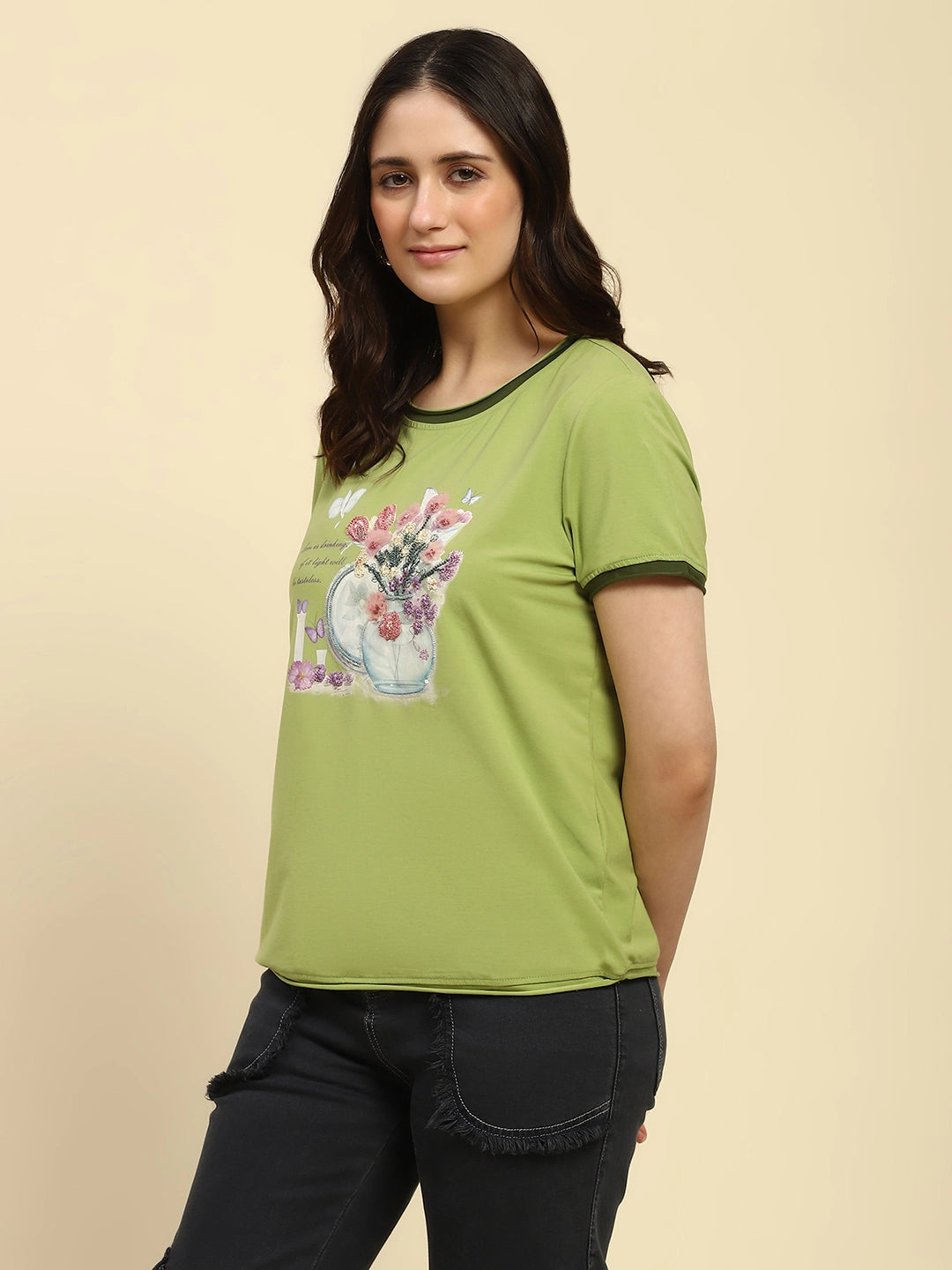 Green Embroidered Modal Blend Top - Global Republic