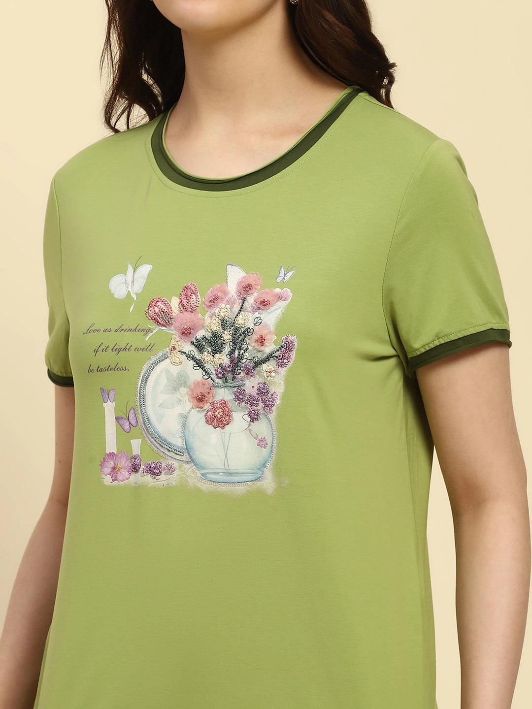Green Embroidered Modal Blend Top - Global Republic
