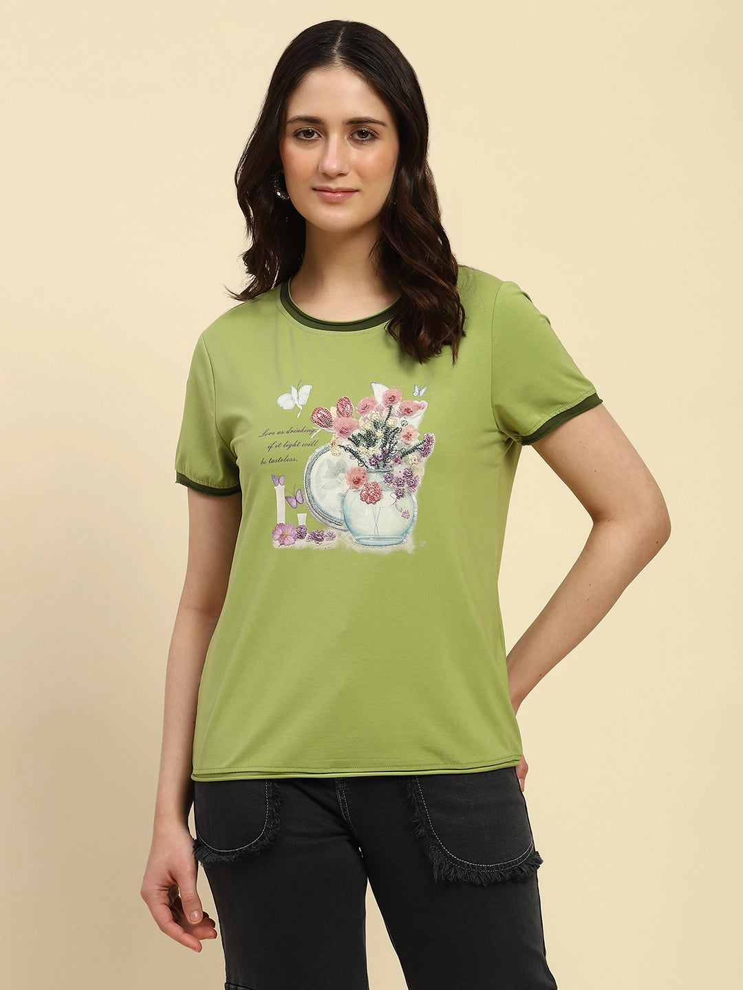 Green Embroidered Modal Blend Top - Global Republic