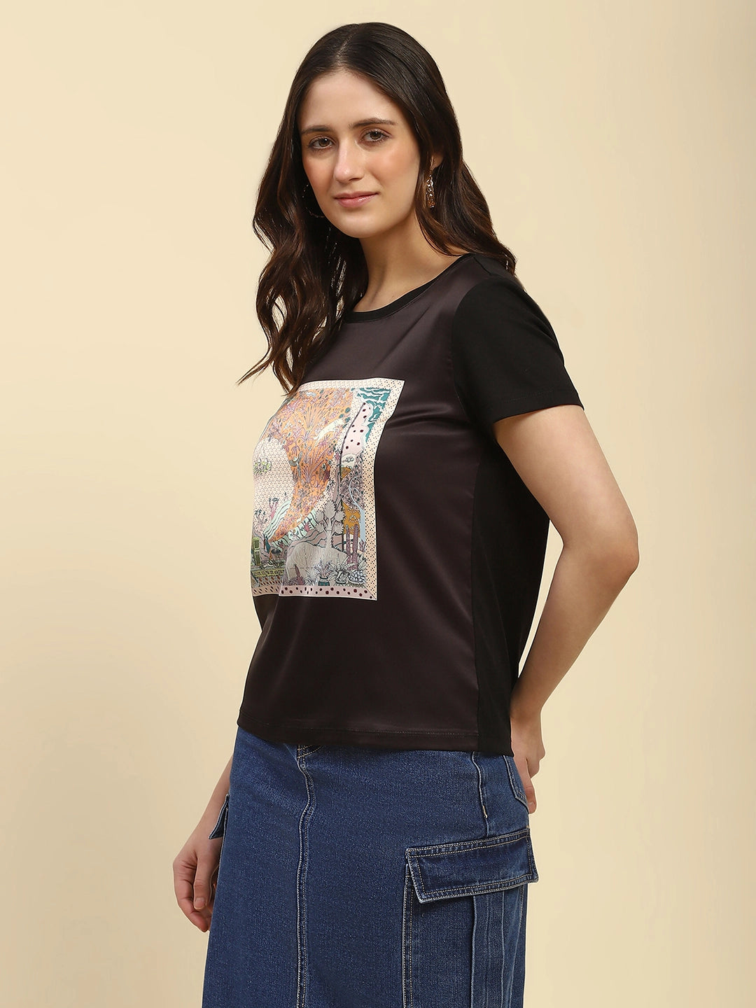 Black Graphic Print Modal Top - Global Republic
