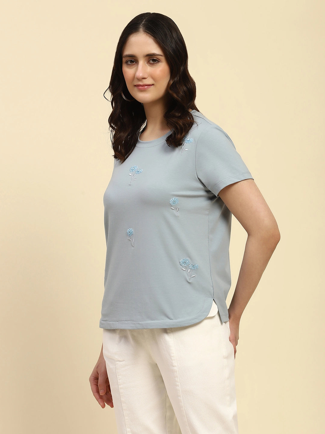Dusty Blue Cotton Embroidered Top - Global Republic