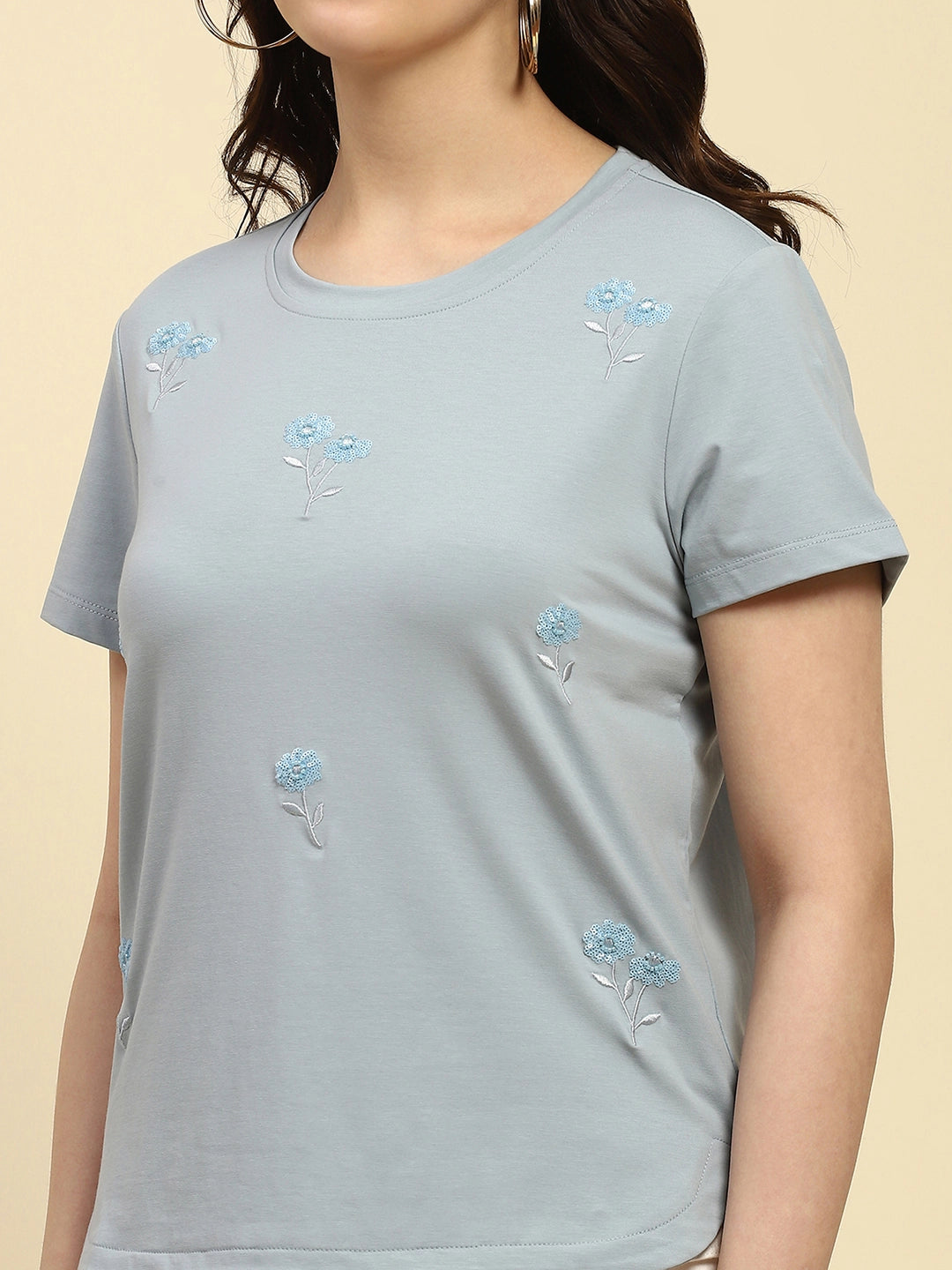 Dusty Blue Cotton Embroidered Top - Global Republic