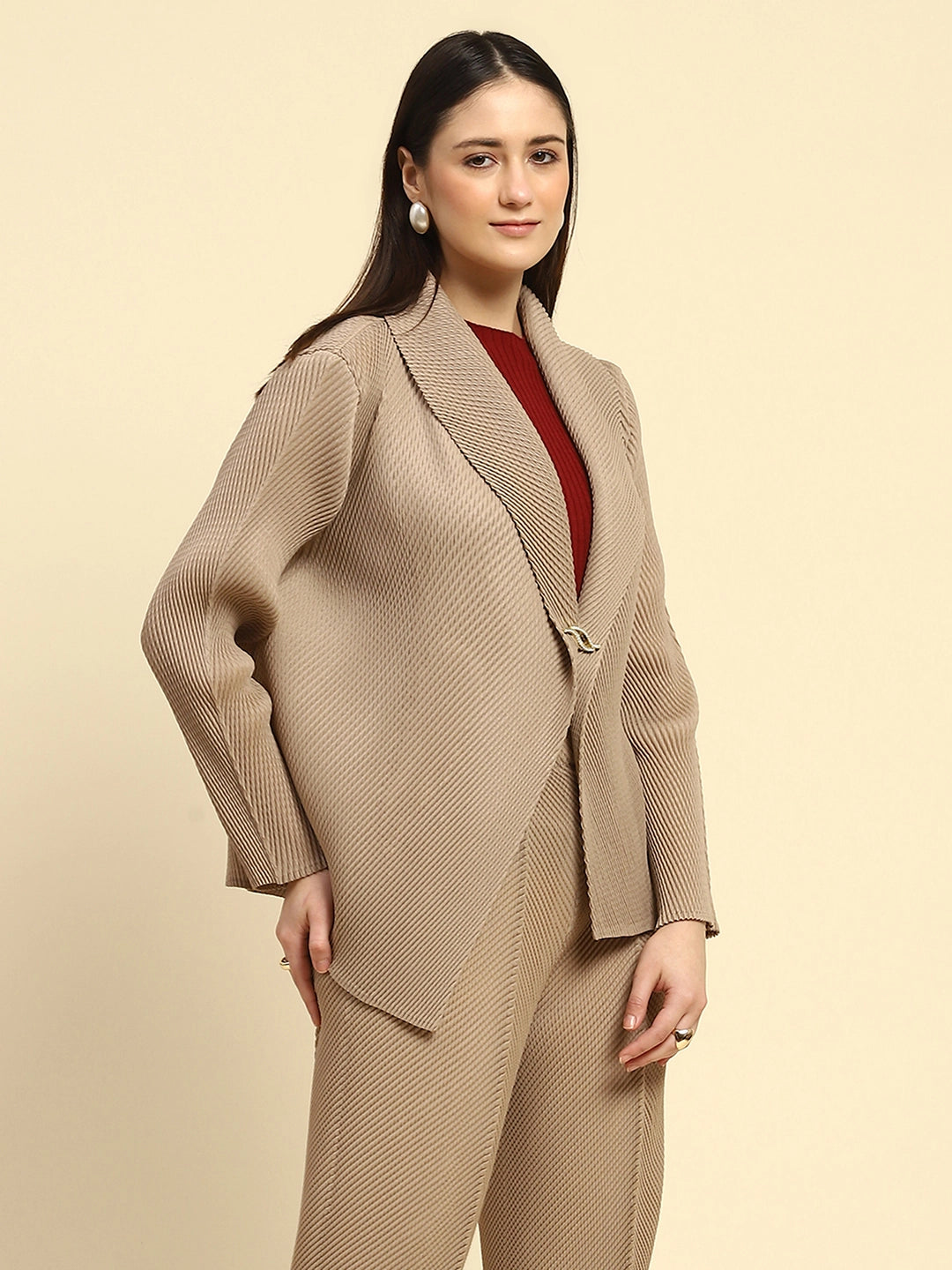 Beige Pleated Loose Shrug - Global Republic