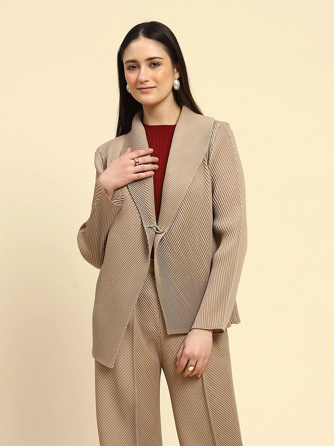 Beige Pleated Loose Shrug - Global Republic