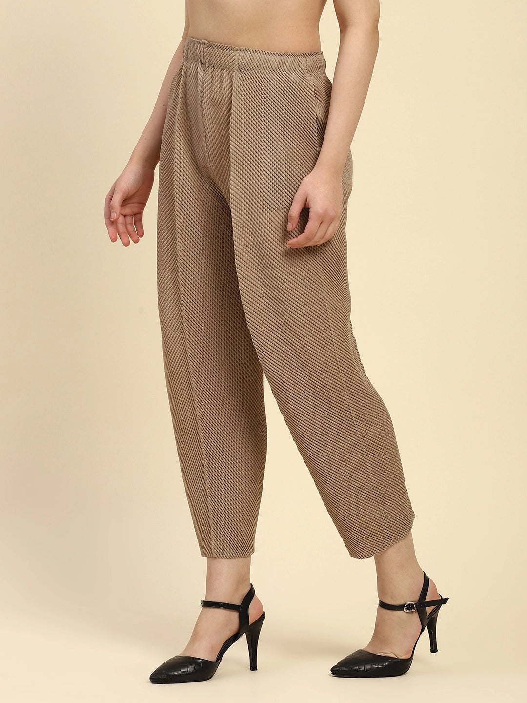 Beige Pleated Loose Lower - Global Republic