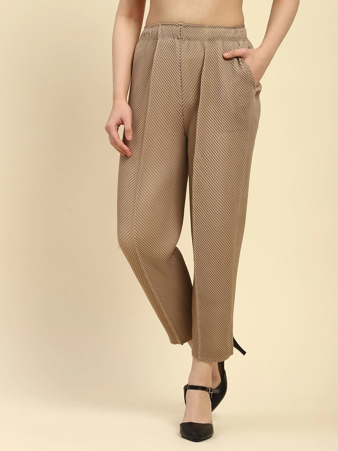 Beige Pleated  Loose Lower - Global Republic