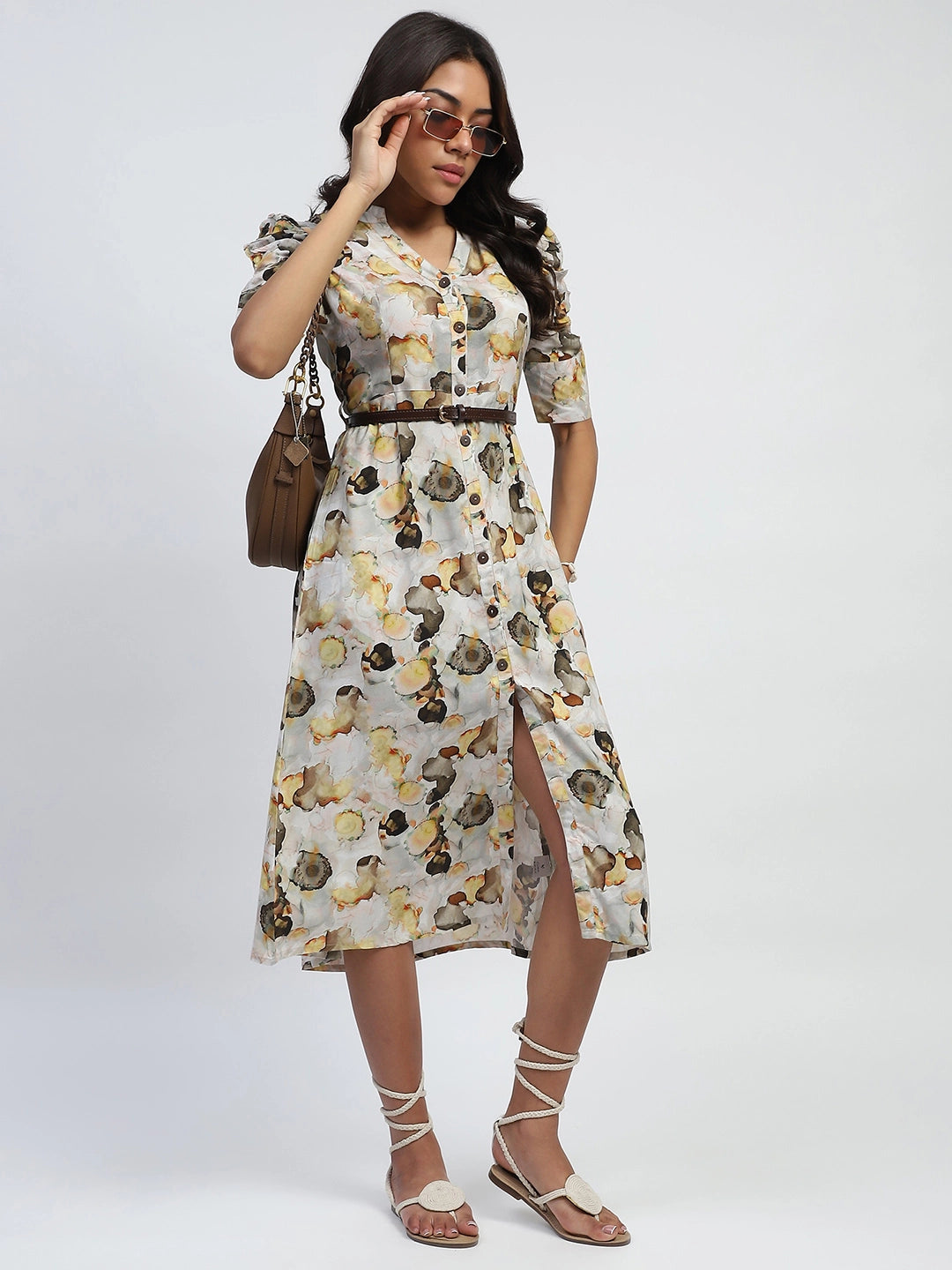 Yellow Digital Print Modal Rayon Dress - Global Republic