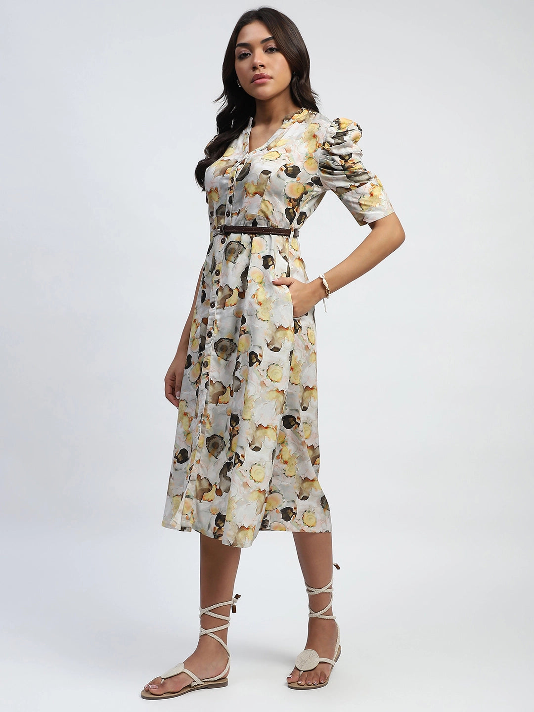 Yellow Digital Print Modal Rayon Dress - Global Republic