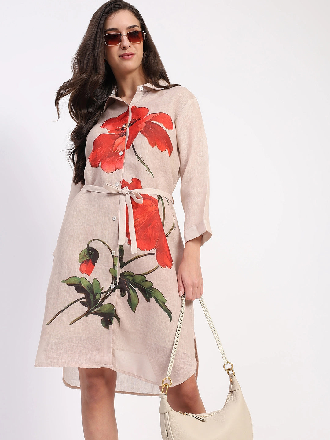 Beige Floral Linen Dress - Global Republic