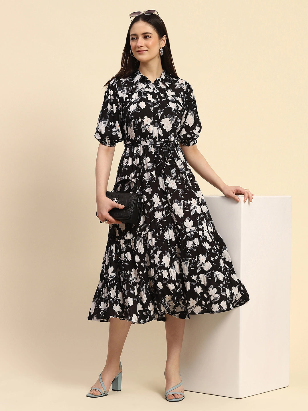 Black Floral Print Rayon Fit & Flare Dress - Global Republic