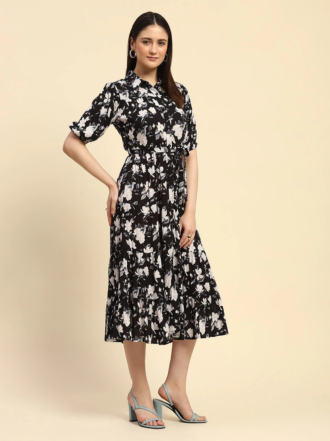 Black Floral Print Rayon Fit & Flare Dress - Global Republic