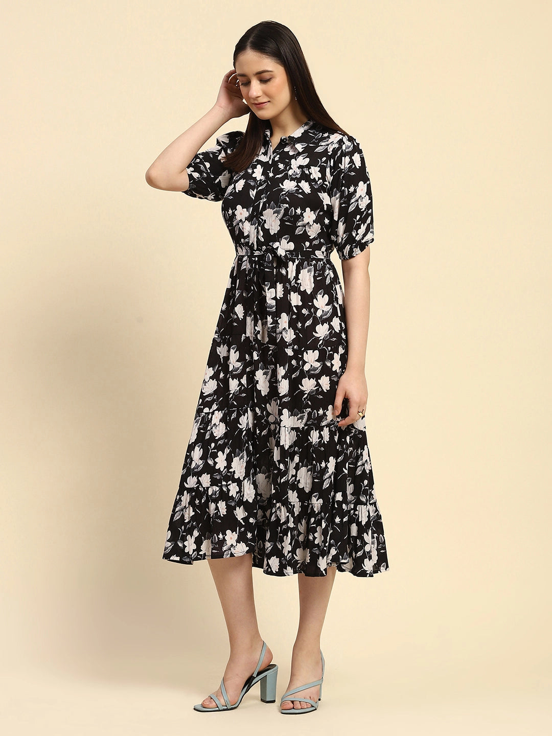 Black Floral Print Rayon Fit & Flare Dress - Global Republic