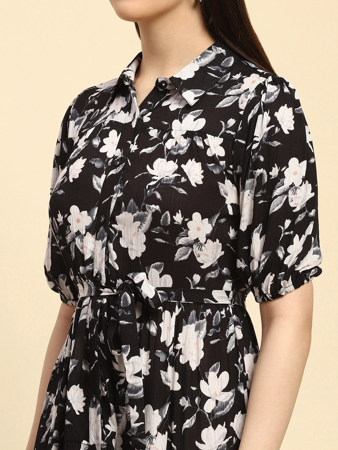 Black Floral Print Rayon Fit & Flare Dress - Global Republic