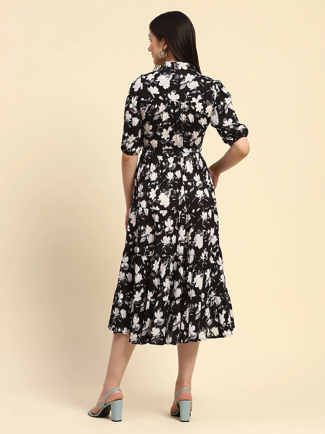 Black Floral Print Rayon Fit & Flare Dress - Global Republic