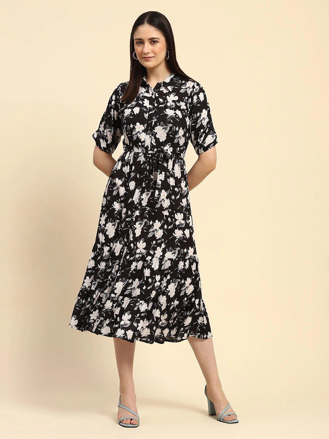 Black Floral Print Rayon Fit & Flare Dress - Global Republic