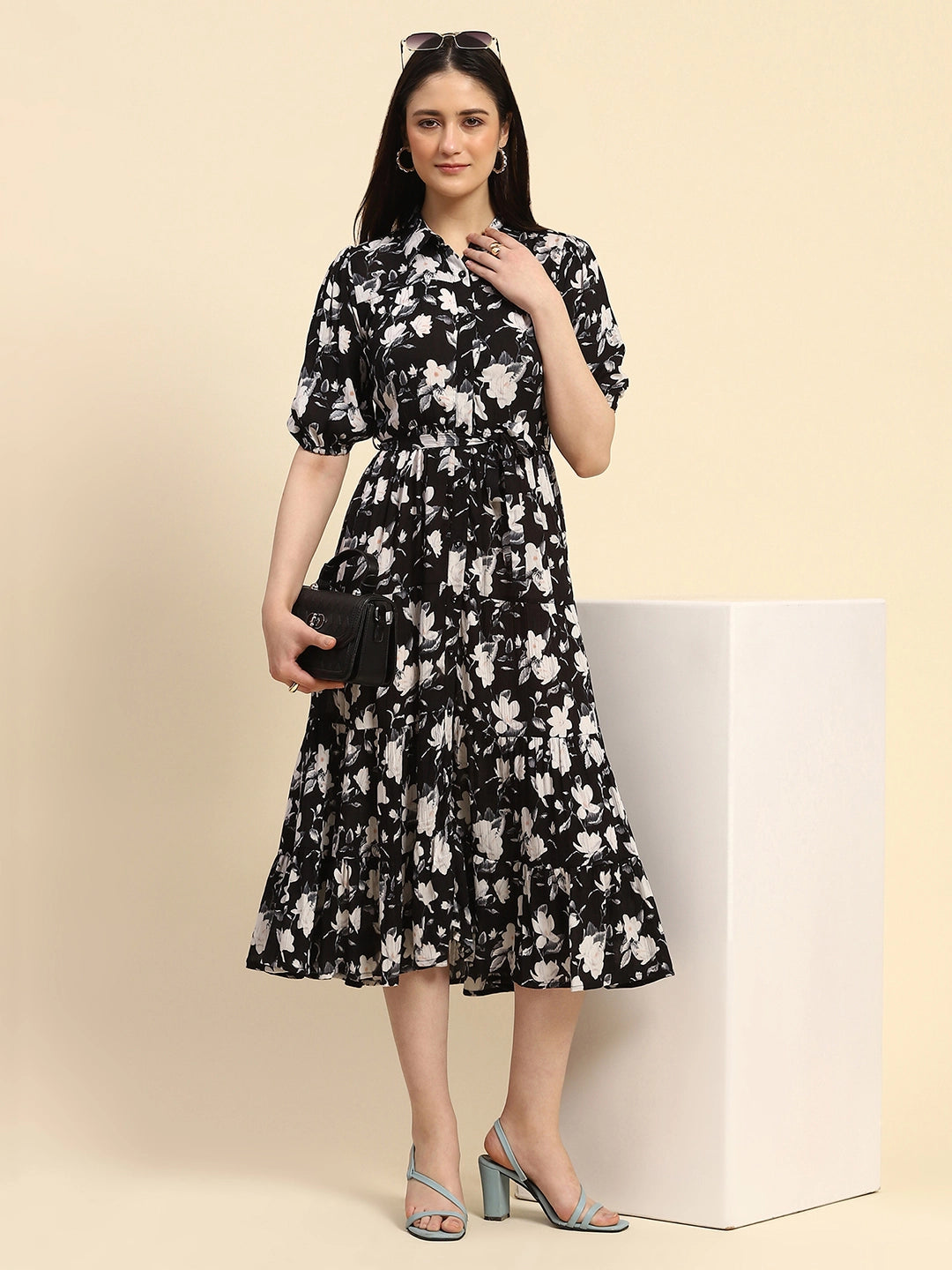 Black Floral Print Rayon Fit & Flare Dress - Global Republic