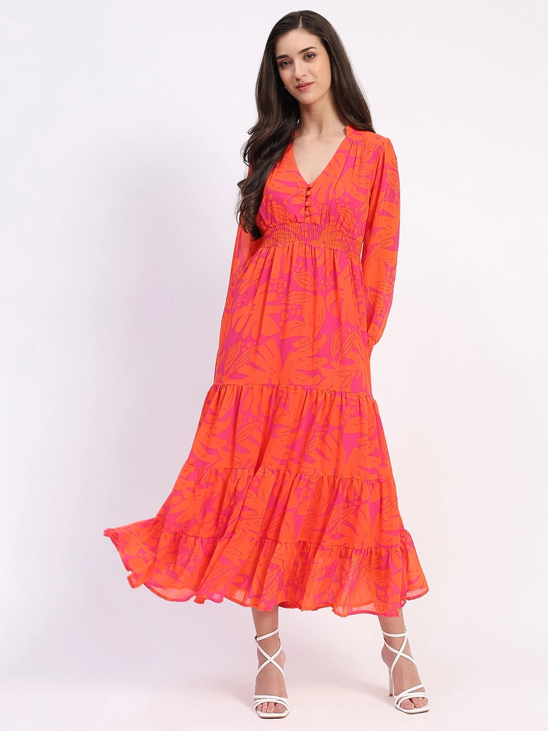 Orange Abstract Tiered Flared Dress - Global Republic
