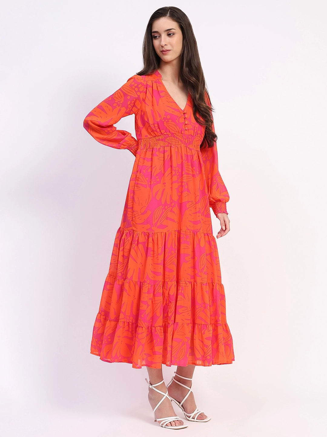 Orange Abstract Tiered Flared Dress - Global Republic