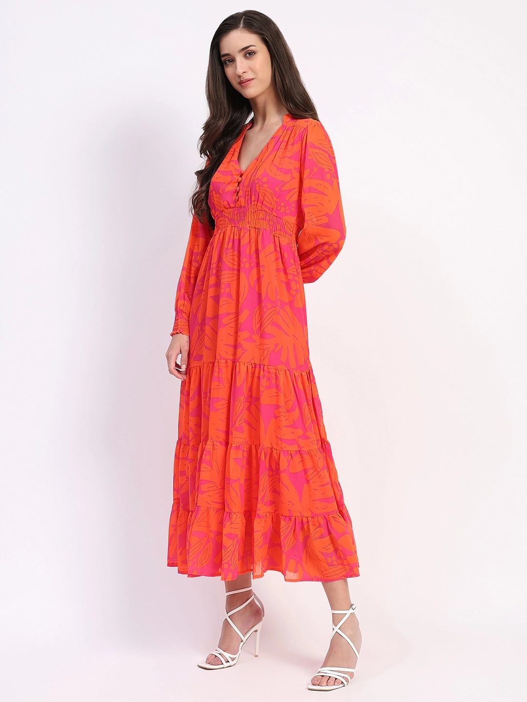 Orange Abstract Tiered Flared Dress - Global Republic