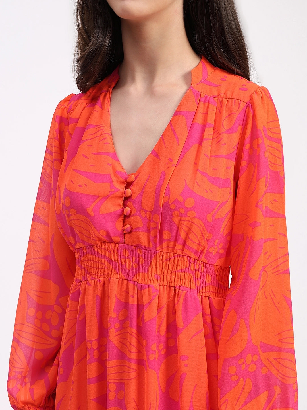 Orange Abstract Tiered Flared Dress - Global Republic