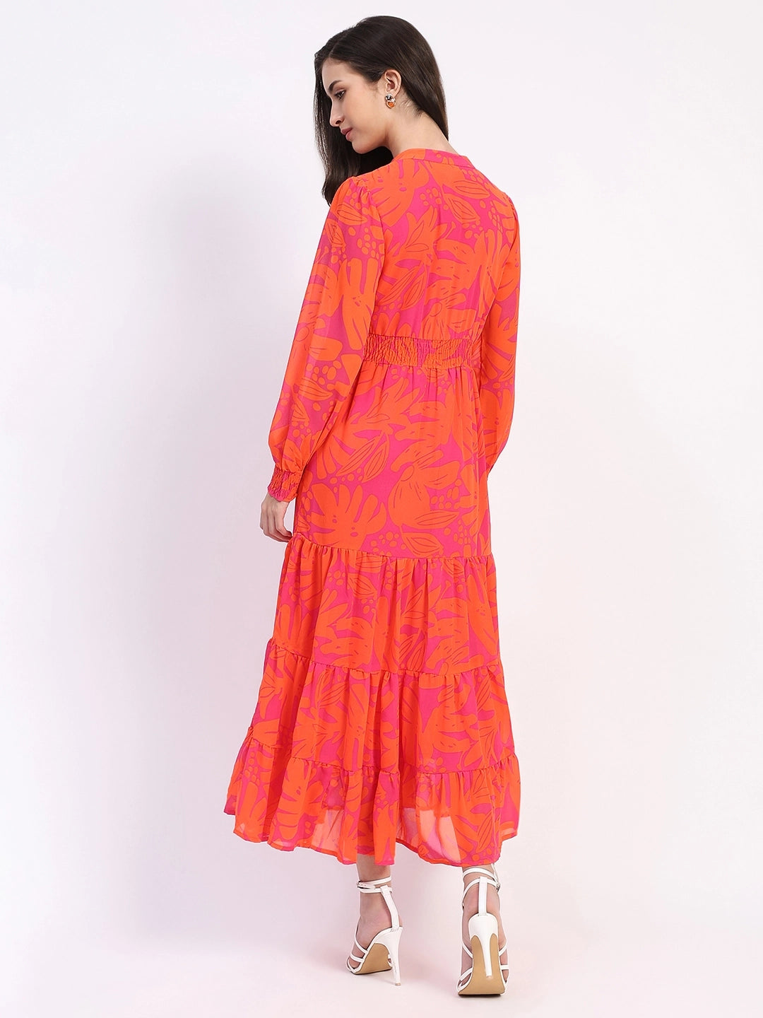 Orange Abstract Tiered Flared Dress - Global Republic