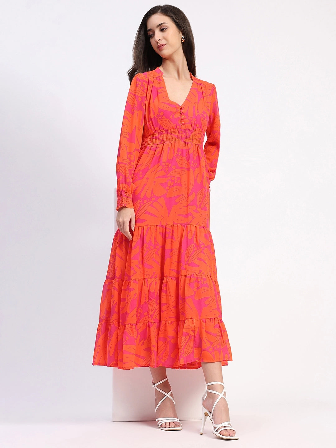 Orange Abstract Tiered Flared Dress - Global Republic