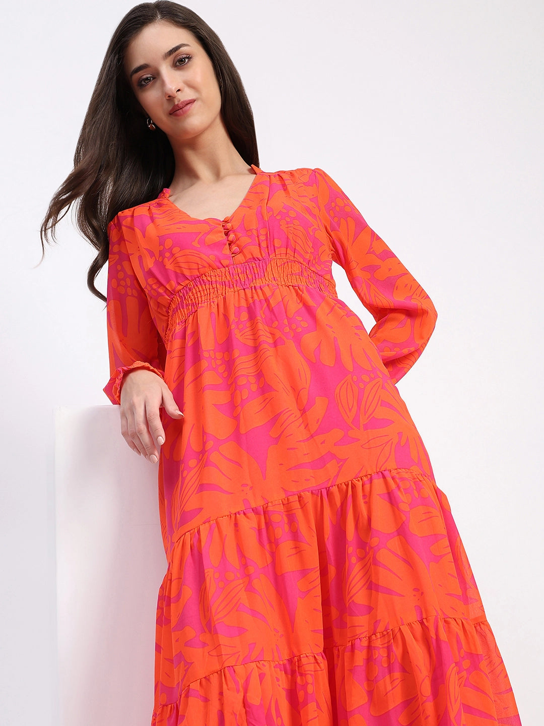 Orange Abstract Tiered Flared Dress - Global Republic