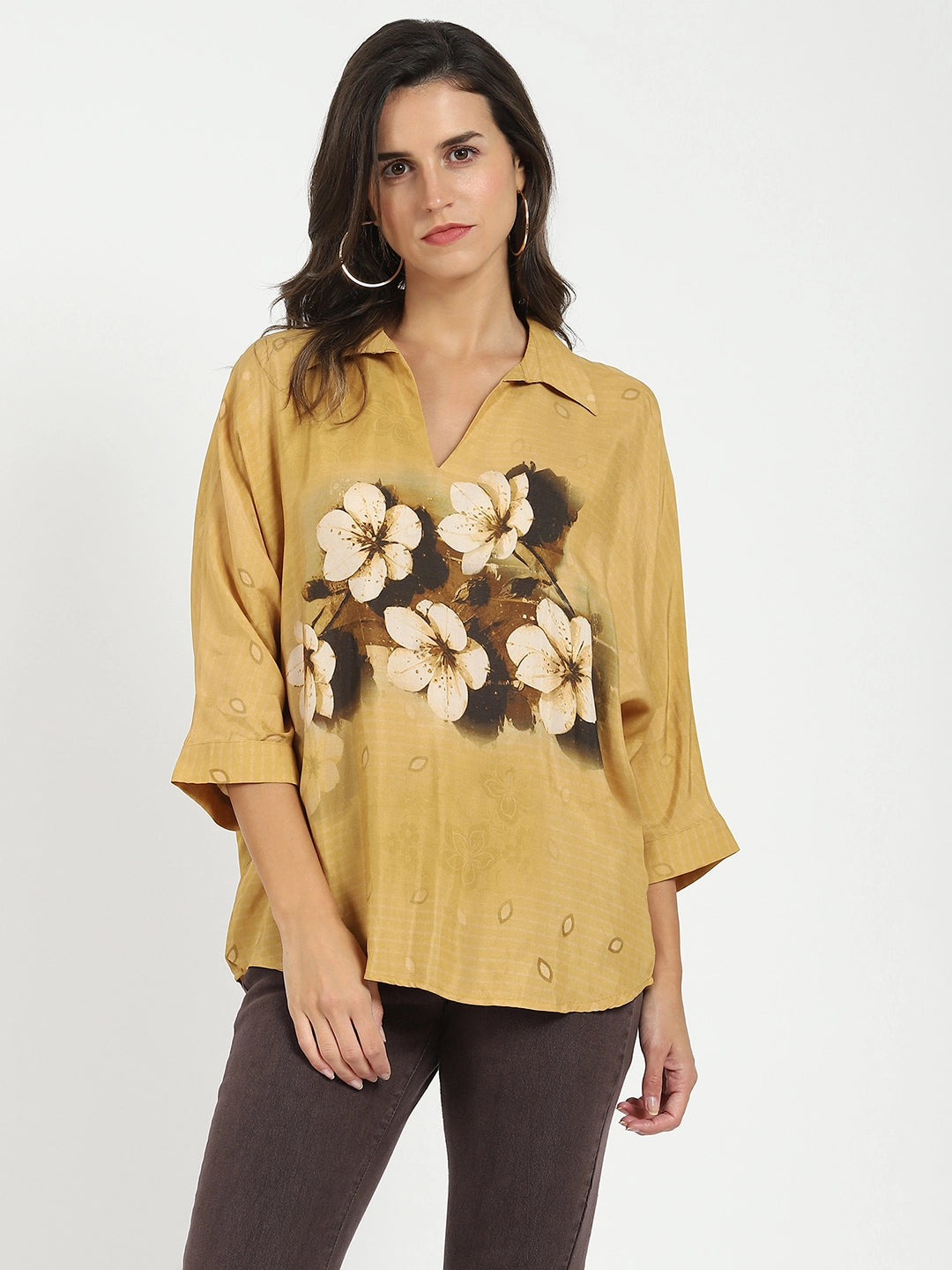 Mustard Viscose Floral Loose Top - Global Republic