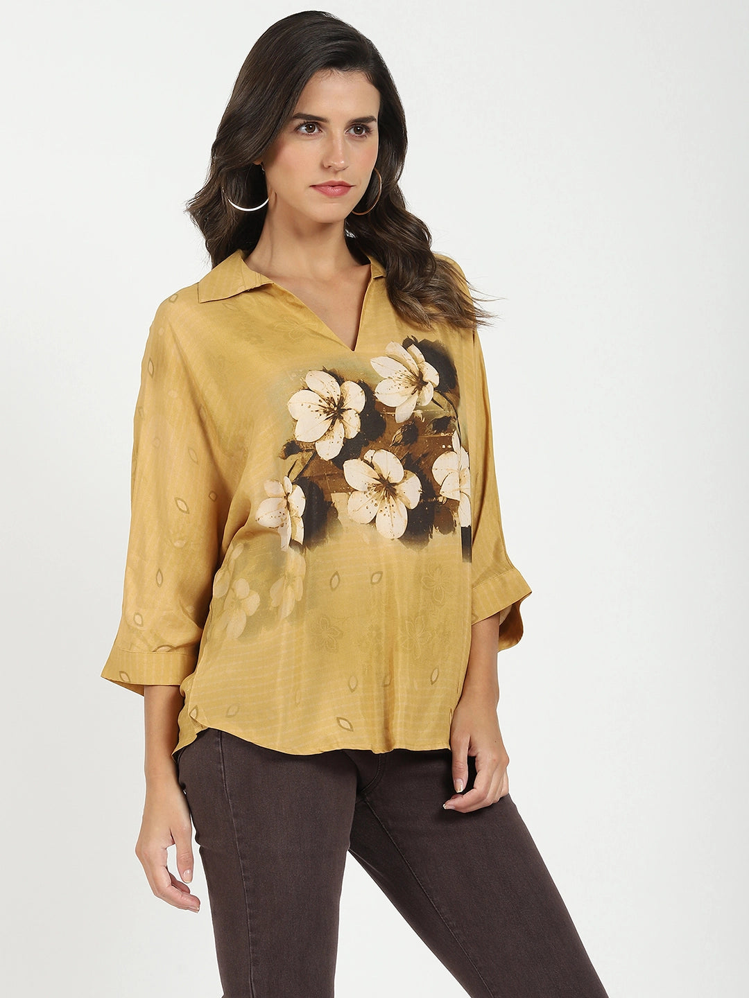 Mustard Viscose Floral Loose Top - Global Republic