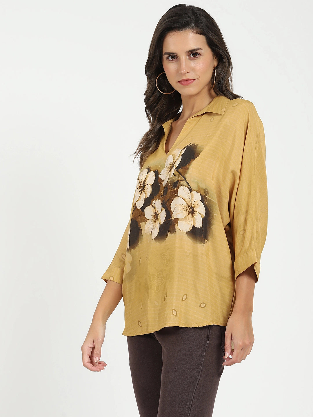 Mustard Viscose Floral Loose Top - Global Republic