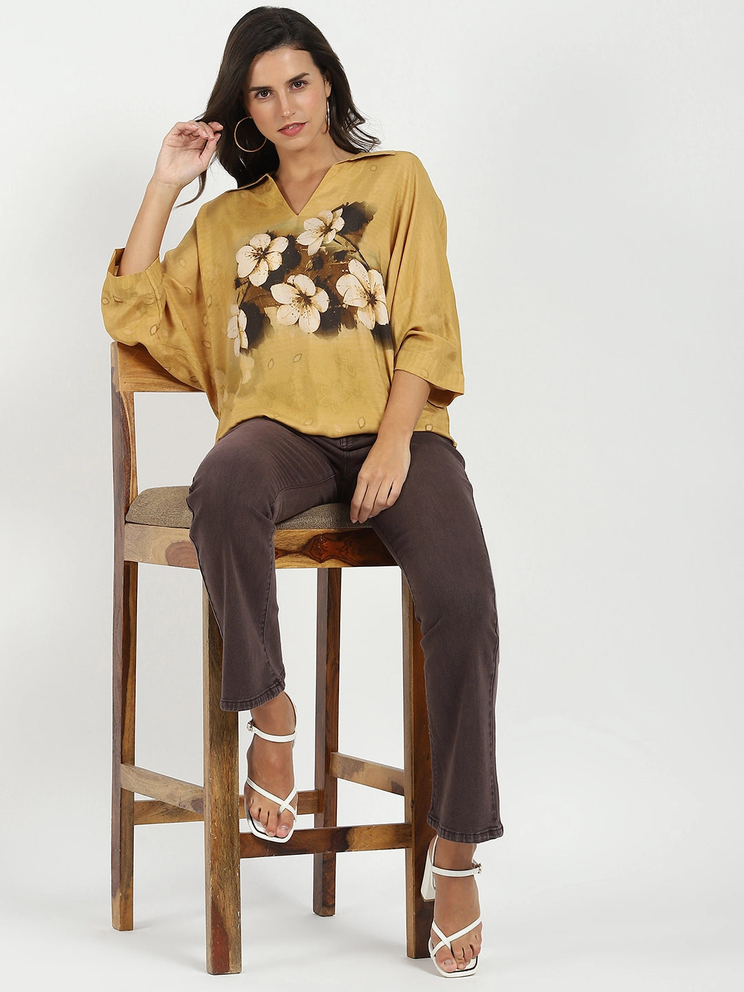 Mustard Viscose Floral Loose Top - Global Republic