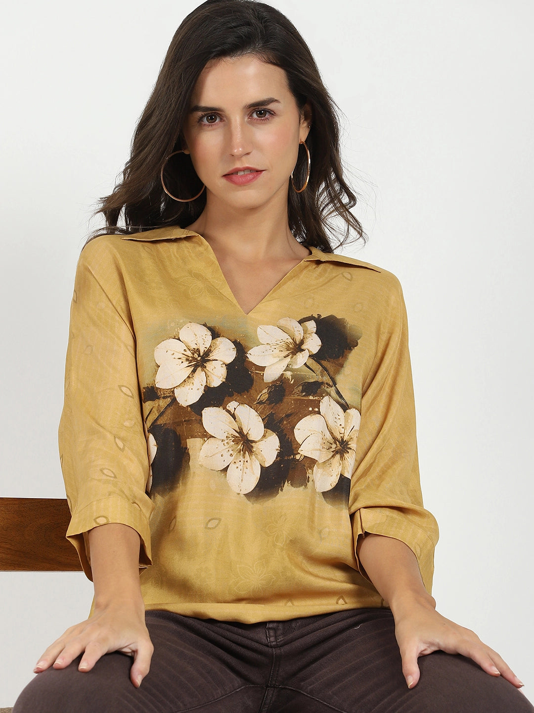 Mustard Viscose Floral Loose Top - Global Republic