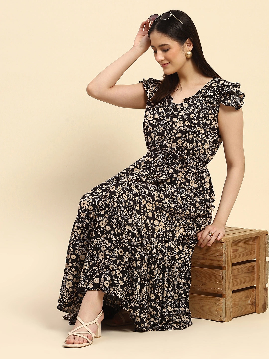 Black Floral Rayon Fit & Flare Dress - Global Republic