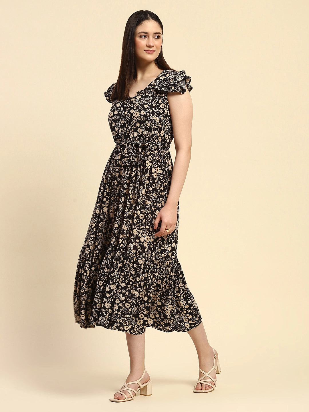 Black Floral Rayon Fit & Flare Dress - Global Republic