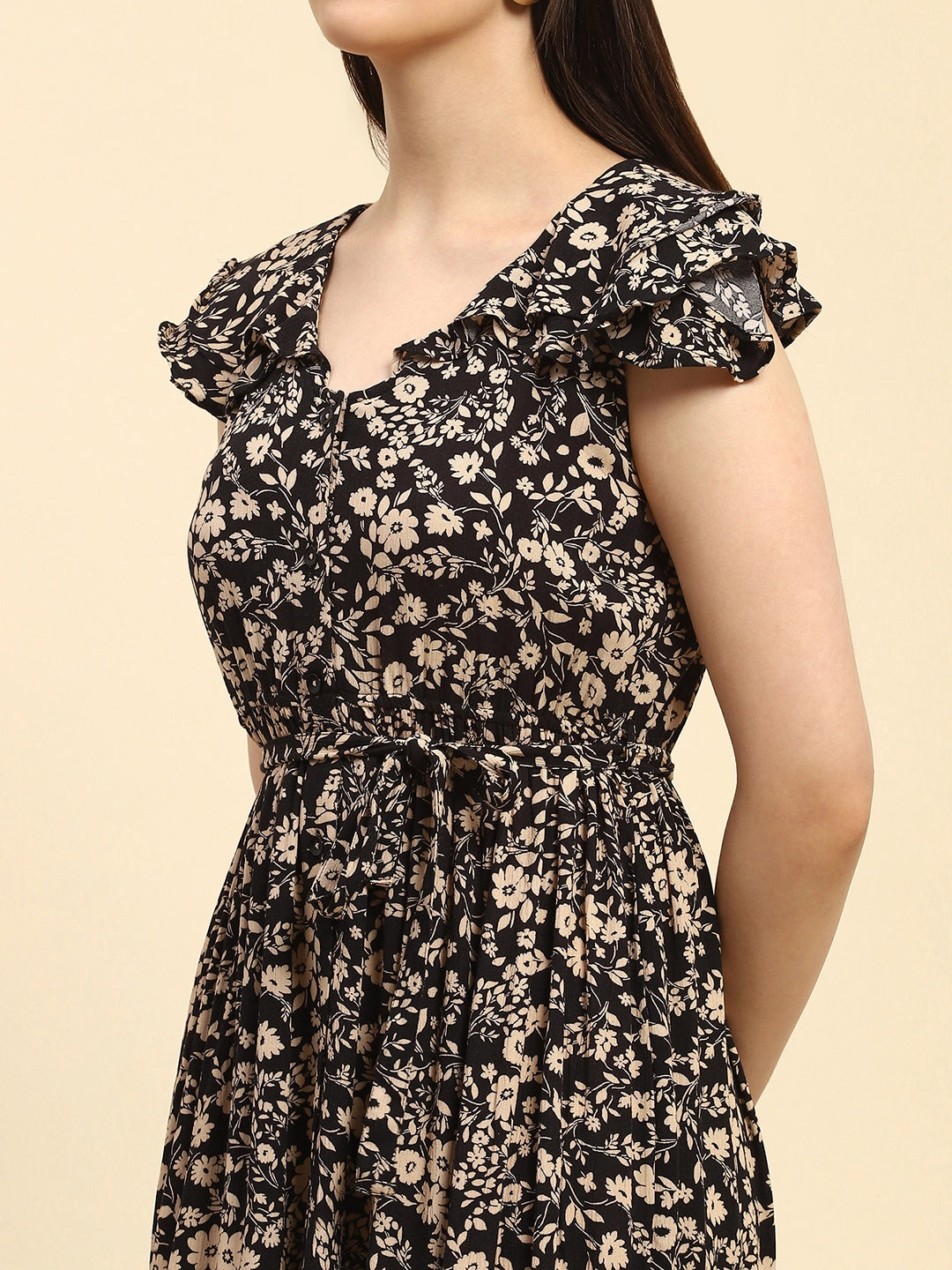 Black Floral Rayon Fit & Flare Dress - Global Republic