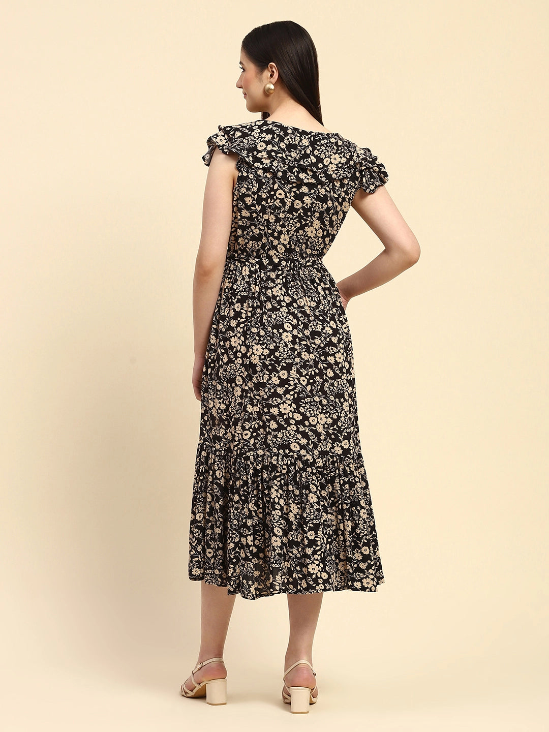 Black Floral Rayon Fit & Flare Dress - Global Republic