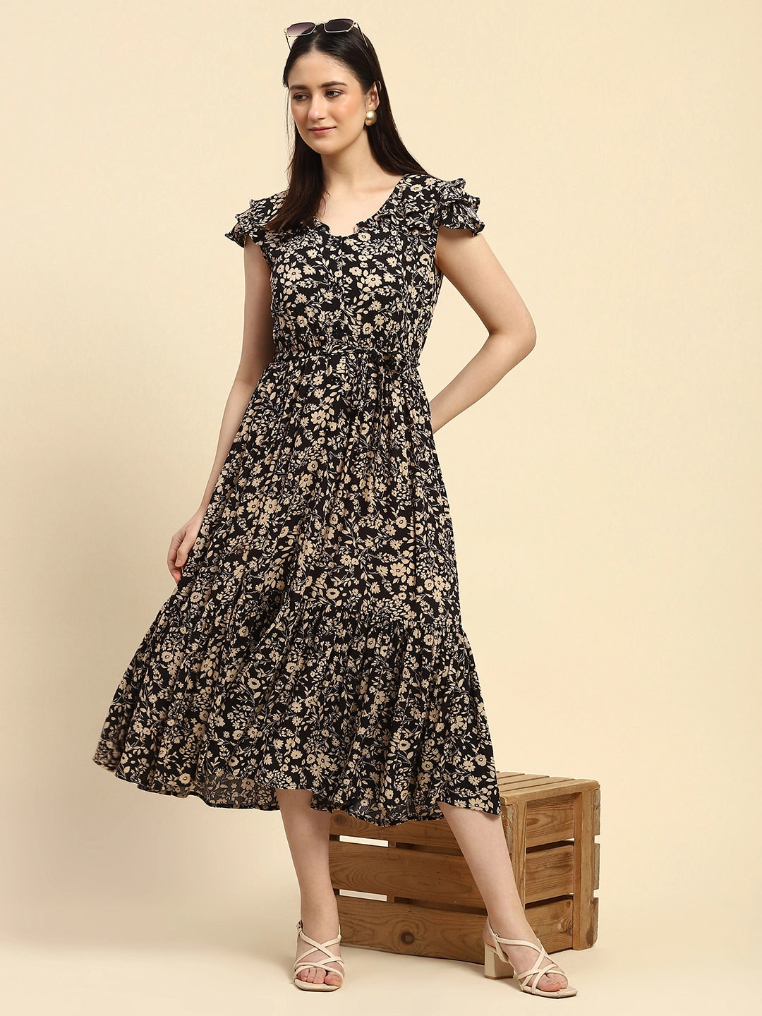 Black Floral Rayon Fit & Flare Dress - Global Republic