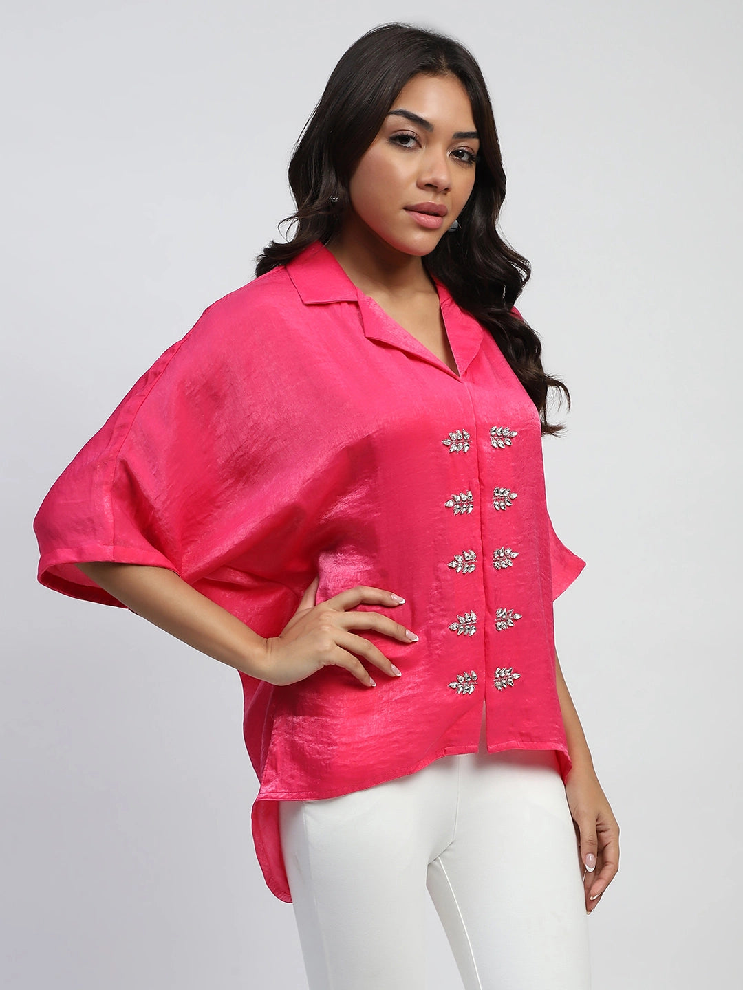 Pink Stone Embellished Satin Oversized Top - Global Republic