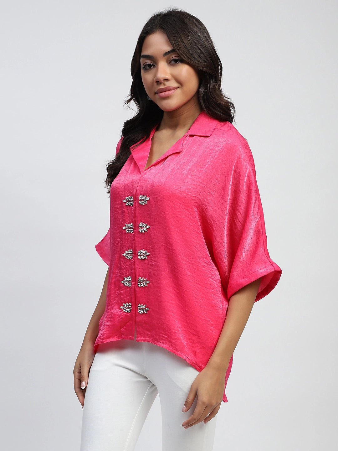 Pink Stone Embellished Satin Oversized Top - Global Republic