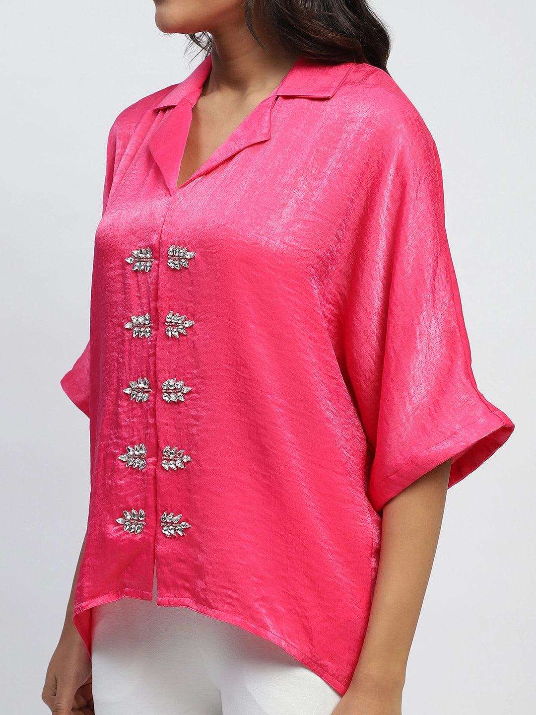 Pink Stone Embellished Satin Oversized Top - Global Republic