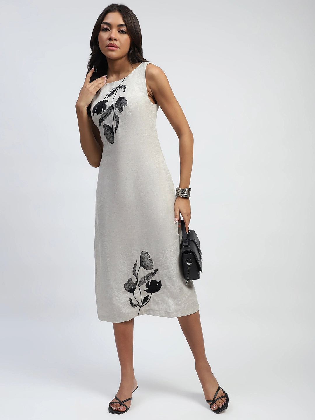 Natural Floral Embroidery Linen Dress - Global Republic