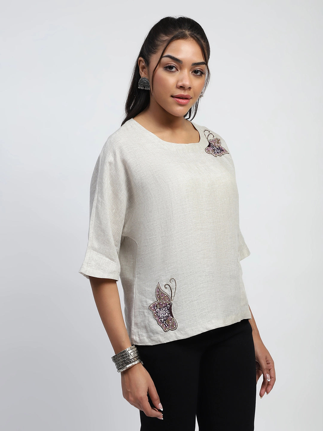 Natural Embellished Linen Boxy Fit Top - Global Republic