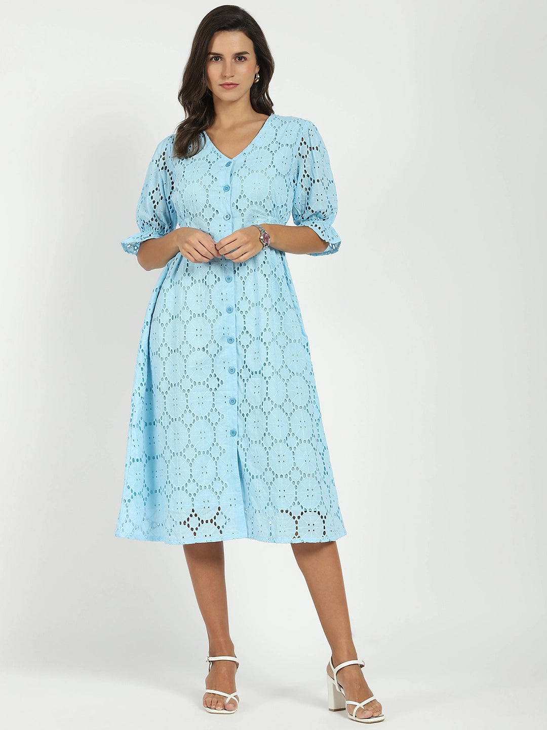 Sky Blue Embroidered Schiffli Dress - Global Republic