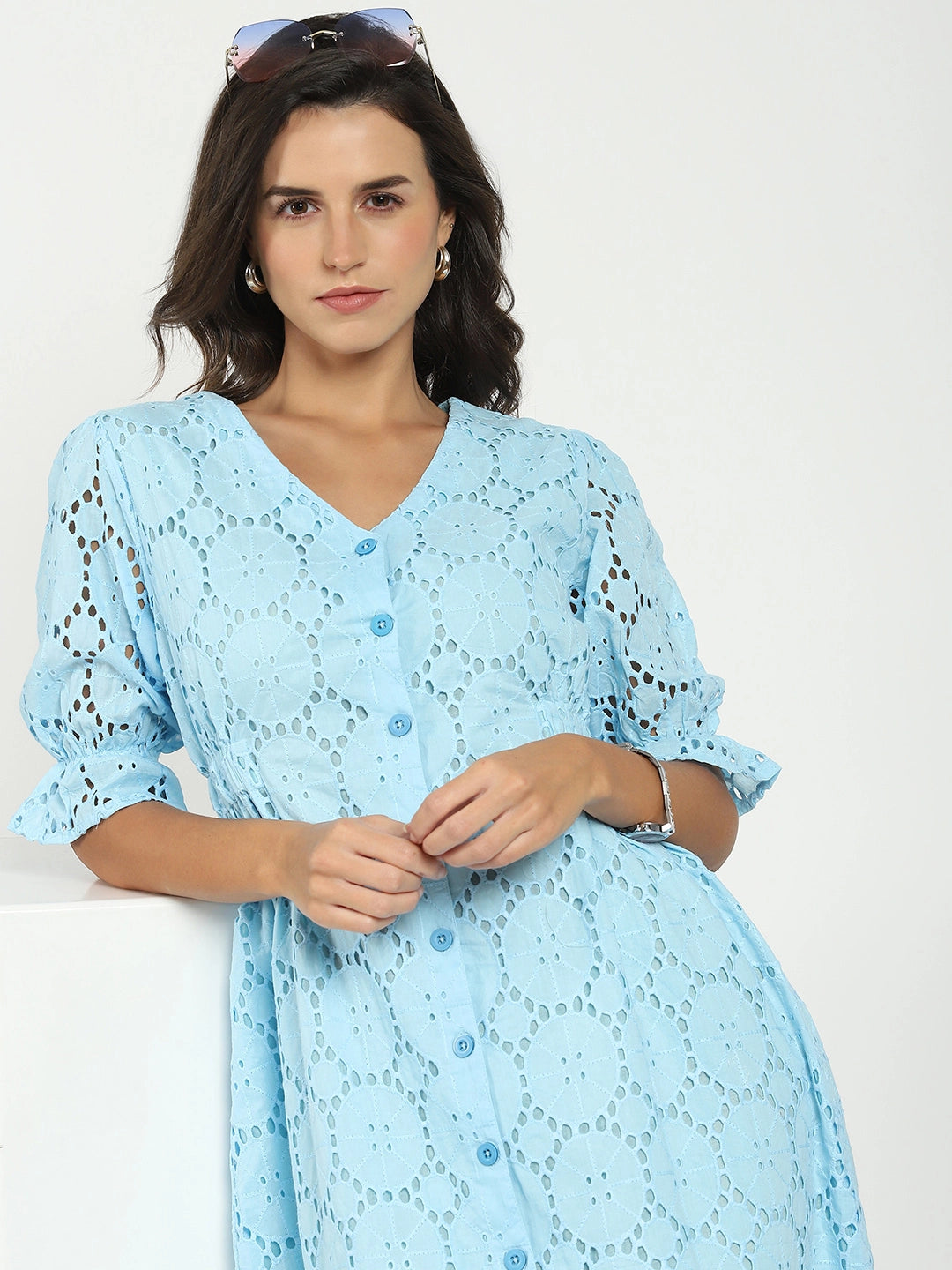 Sky Blue Embroidered Schiffli Dress - Global Republic